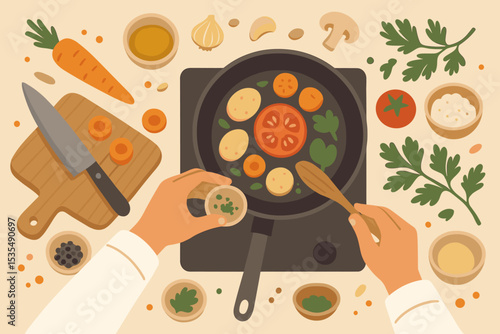 Culinary class concept with a chef preparing food. Top view, flat lay of hands cooking fresh vegetables in a frying pan. Healthy eating, meal prep, and vegetarian recipe vector.
