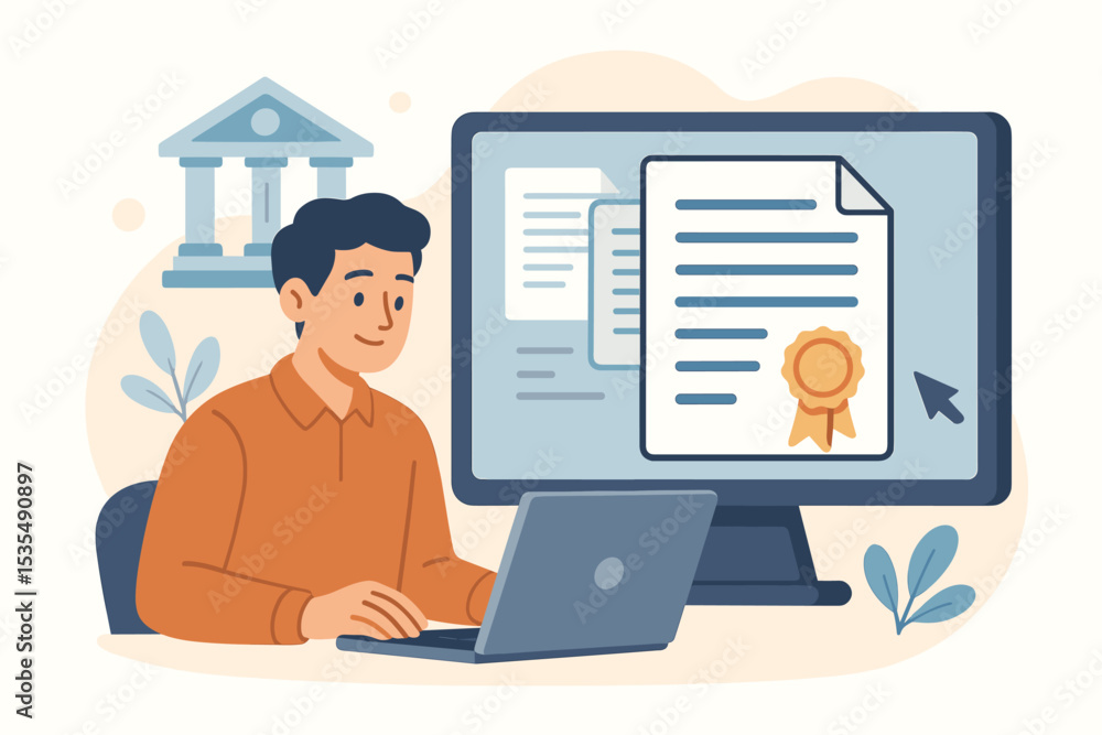 Digital Government Services Concept. Online Public Administration. E-Government Portal. Electronic Certificate on Screen. Remote Document Submission. Paperless Workflow. Internet Legal Services Digital Government Services Concept. Online Public Administration. E-Government Portal. Electronic Certificate on Screen. Remote Document Submission. Paperless Workflow. Internet Legal Services