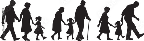 Grandparents walking with granddaughter silhouette style. Grandparent's Day silhouette vector illustration