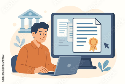 Digital Government Services Concept. Online Public Administration. E-Government Portal. Electronic Certificate on Screen. Remote Document Submission. Paperless Workflow. Internet Legal Services