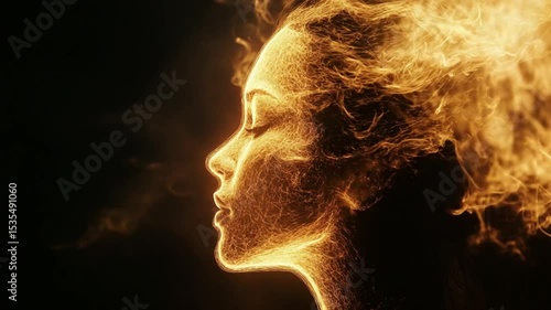Profile of a woman illuminated by fiery light, surrounded by swirling flames in a dark background