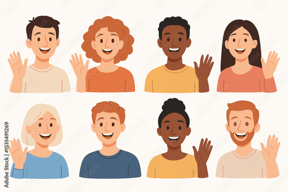 Diverse Group of People Waving Hands Cartoon Illustration. Multicultural Men and Women Characters in Flat Style. Friendly Greeting. Community Diversity. Social Connection. Vector Portrait Set Diverse Group of People Waving Hands Cartoon Illustration. Multicultural Men and Women Characters in Flat Style. Friendly Greeting. Community Diversity. Social Connection. Vector Portrait Set