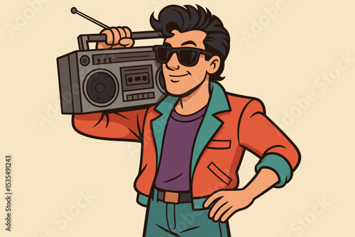 Retro 1980s Cartoon Man Holding Boombox on Shoulder, Vintage Cassette Player, Pop Culture Illustration, Funky Fashion Style, Urban Music, Old School Hip Hop Streetwear, Nostalgia Concept
