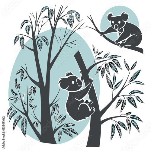Adorable koala bears climbing and resting in a beautiful eucalyptus tree forest vector illustration