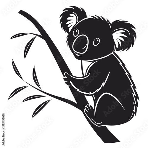 Adorable monochrome koala bear clinging to a branch of a eucalyptus tree in australia