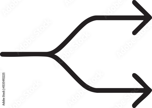 A Simple Black Arrow Splitting into Two Separate Paths Pointing Rightward on a White Background