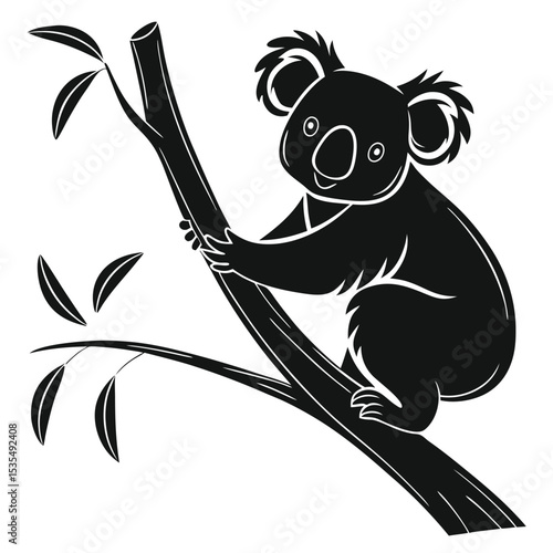 Black and white illustrated koala bear perched on a eucalyptus tree branch illustration