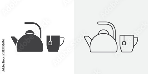Teapot with teabag on cup icon Line graphics illustration