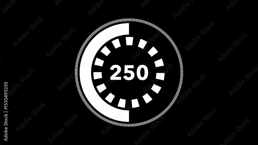 Simple count-up animation from 0 to 500, white circle dash rotation show on black background. 4k motion graphic Simple count-up animation from 0 to 500, white circle dash rotation show on black background. 4k motion graphic