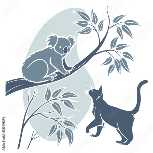 Koala bear perched in tree with cat watching simple illustration of australian wildlife