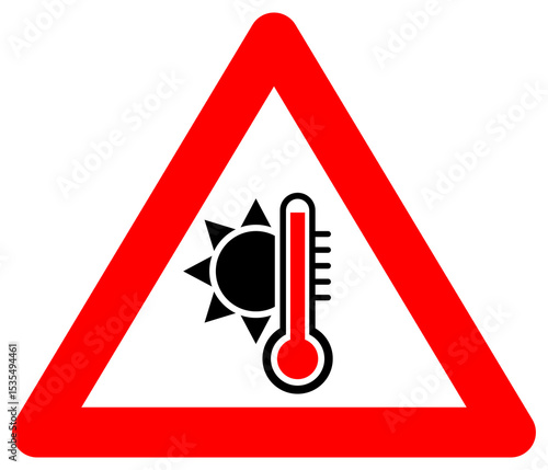 Ein rotes Warndreieck mit einer schwarzen Sonne und einem Thermometer, das hohe Temperaturen anzeigt, symbolisiert die Gefahr durch Hitze. PNG-Datei mit transparentem Hintergrund.