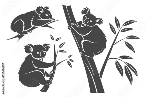 Silhouette illustration of three adorable koala bears climbing and resting on eucalyptus branches