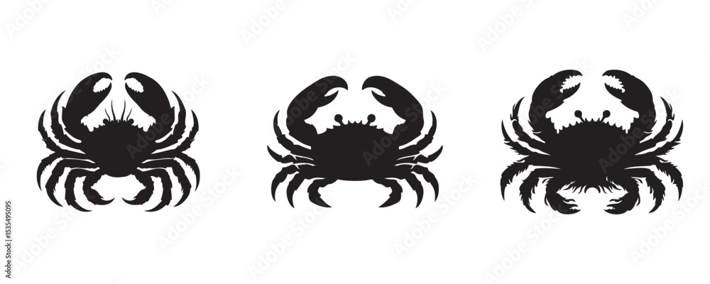 Three black crab silhouettes with raised claws and detailed legs, shown in front view on a white background, ideal for marine, seafood, or coastal-themed designs Three black crab silhouettes with raised claws and detailed legs, shown in front view on a white background, ideal for marine, seafood, or coastal-themed designs