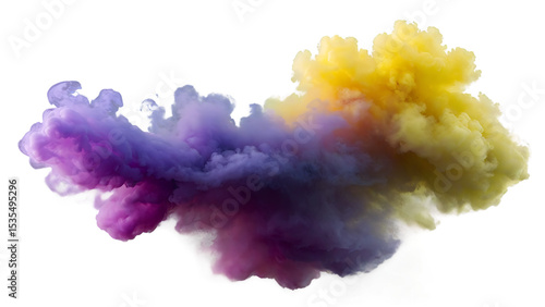 Canvas Print Colorful Powder Explosion Cloud in Purple Yellow and Blue Isolated on Transparen