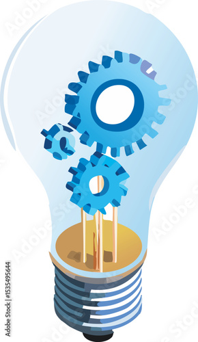 Creative 3D vector icon of a transparent lightbulb with gears inside, symbolizing innovation, smart ideas, and engineering solutions. Rendered in clean isometric style.