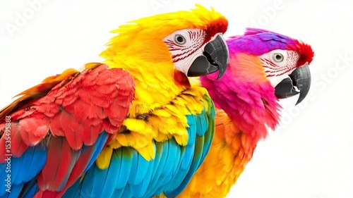 Wallpaper Mural Two vibrant macaws perched closely together, showcasing their colorful feathers against a light background Torontodigital.ca