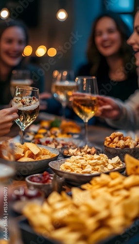 Friends toasting with drinks and snacks at a gathering.