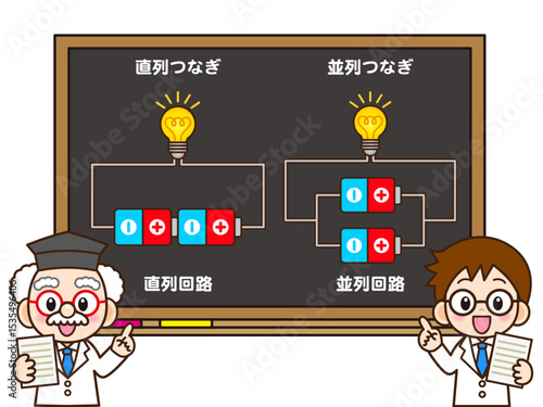 黒板で直列つなぎと並列つなぎの説明をする博士