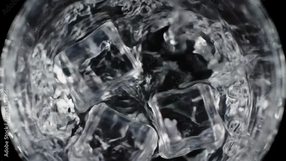 Crystal clear ice cubes with water splashing during pouring process Crystal clear ice cubes with water splashing during pouring process