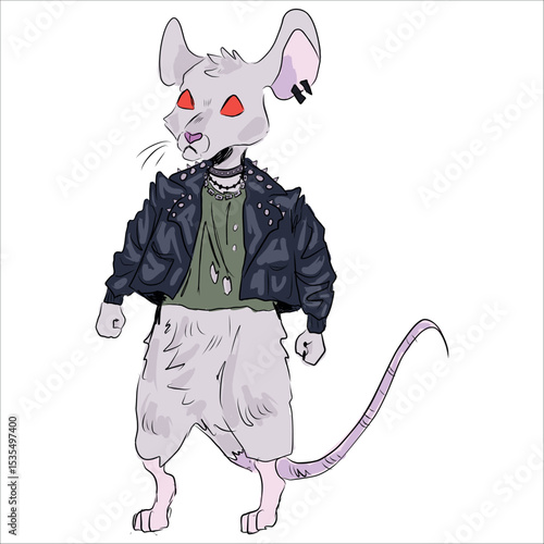 Punk rat. Interesting design. Colored. Chains and collars with spikes. Red eyes. Rock style, grunge. Alternative. Vector hand-drawn illustration. Print on clothes, stickers, cups, sketchbooks.