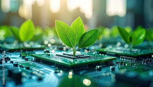 E-waste recycling circuit gadgets recovery concept. Futuristic plants growing on a circuit board background.