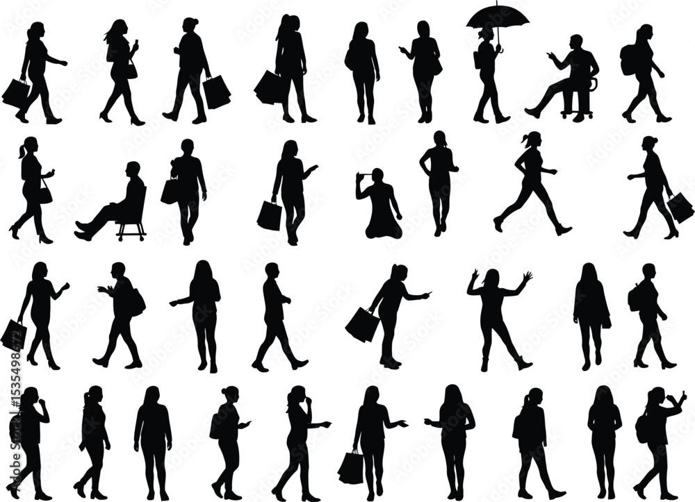 Fototapeta premium Diverse Crowd Silhouettes A Study of Human Postures Actions and Movements in Public Spaces Revealing Patterns and Dynamics