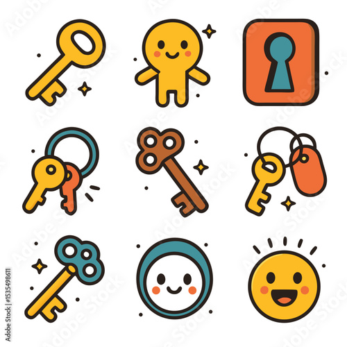 Heres a sentence describing the image the image shows nine cute key and happiness themed illustrations.