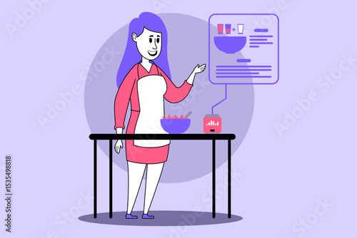 Woman standing at kitchen table with bowl of ingredients. Woman gesturing towards digital display showing recipe and nutritional information, indicating cooking process