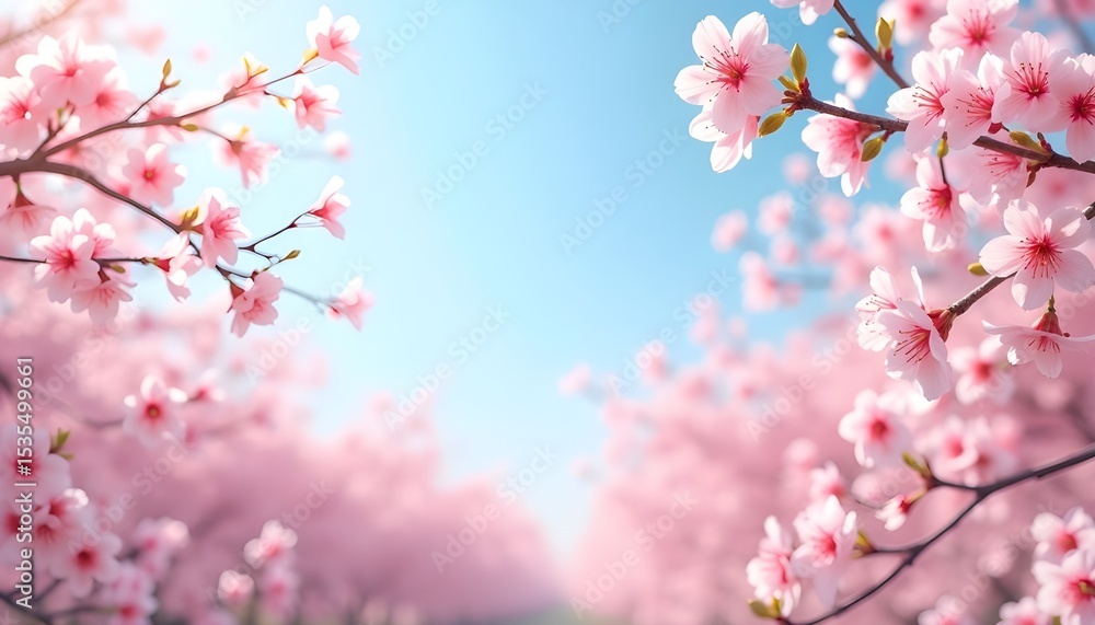 Spring Garden with Cherry Blossom Trees and Blue Sky for Seasonal Poster Spring Garden with Cherry Blossom Trees and Blue Sky for Seasonal Poster