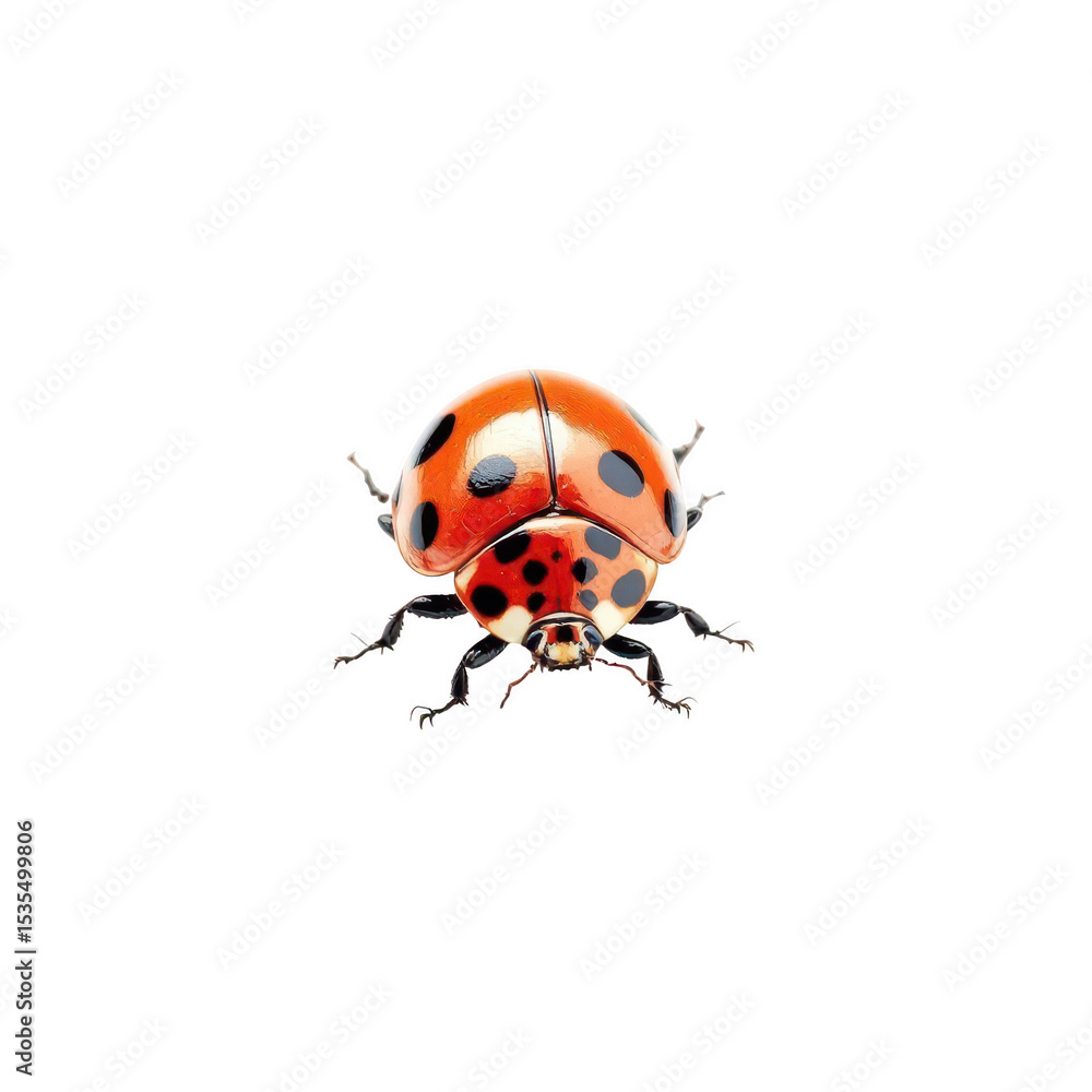 Fototapeta premium Ladybug's Elegant Display: A captivating, detailed close-up showcases the vibrant beauty of a ladybug, presenting its striking red and black spotted shell.