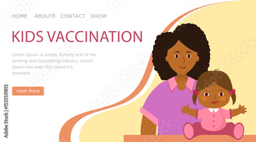 landing page Kids vaccination. African-American Mom and child in medical clinic.