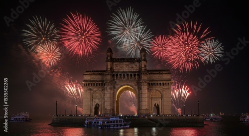 Spectacular fireworks display over the gateway of india mumbai at night vibrant red and white explosions illuminating the iconic arch beautiful night