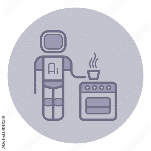 Robot chef standing beside sleek oven, holding pot with steam rising. Technology and culinary art combination concept
