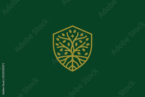 Wood Tree Abstract Linear Shield Shape Forest Protection Logo Concept