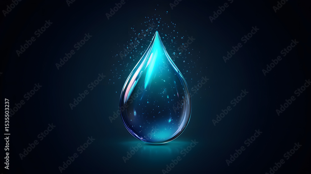Fototapeta premium Glowing Blue Water Drop with Sparkling Particles on Dark Background