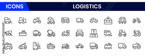 Efficient vector web line icons depicting logistics, shipping, transportation, supply chain, and delivery operations for streamlined global commerce.