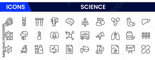 Precise vector web line icons depicting science, research, experiments, lab equipment, and innovative discoveries for advancing knowledge.