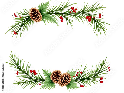 Wallpaper Mural Watercolor Botanical Pine Branches with Pinecones and Red Berries Winter Holiday Design Isolated on a transparent background Torontodigital.ca