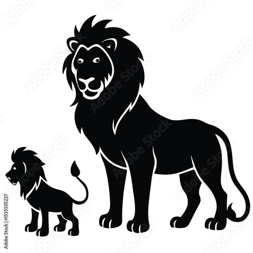 Black and white silhouette illustration of a lion and a cub on a white background