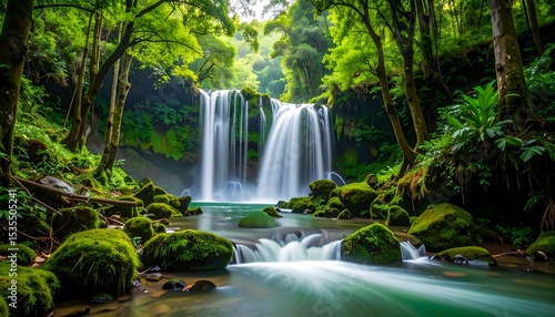 Lush waterfall in a vibrant forest