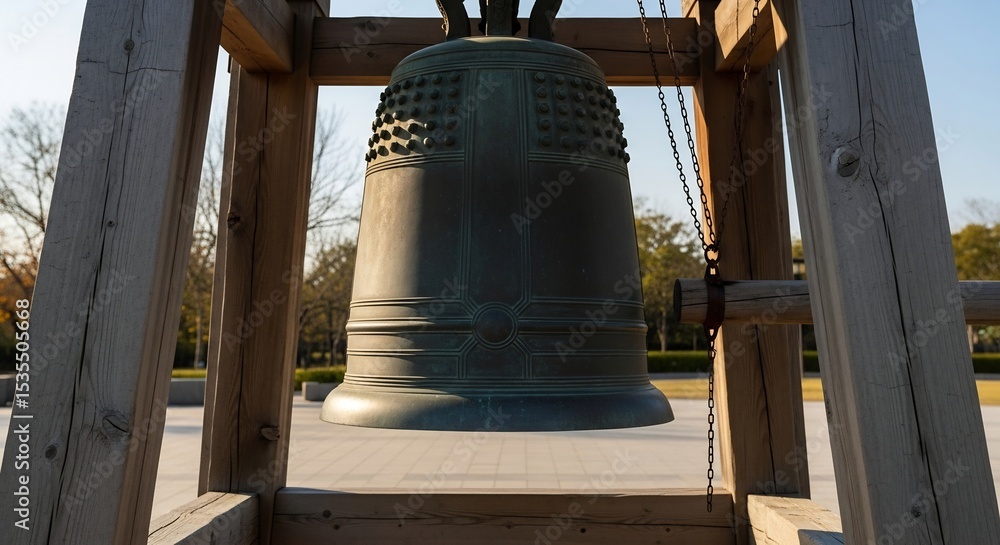 Obraz premium Abolition Day bell in wooden frame commemorates freedom and symbolizes social progress, a monument