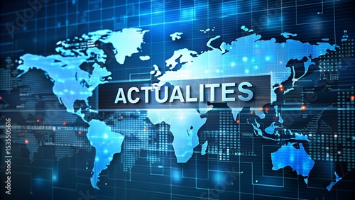 Glowing world map background with French word ACTUALITÉS in neon style ideal for digital news banners media visuals global journalism websites and French-language editorial content representing