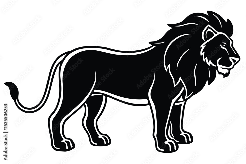 Obraz premium Elegant black and white illustration of a majestic lion in a standing pose
