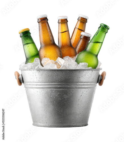 Chilled assorted green and brown bottles in ice-filled silver bucket