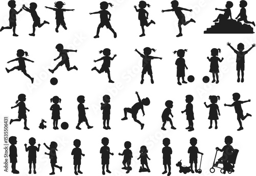 Diverse Silhouettes of Children in Playful Activities A Collection of Childhood Moments Depicted in Minimalist Form A Nostalgic Look