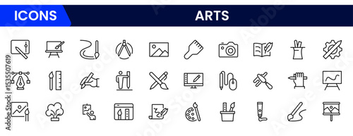 Vibrant vector web line icons depicting arts, culture, music, theater, painting, and heritage for creative and cultural expression.