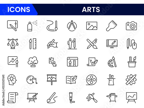 Vibrant vector web line icons depicting arts, culture, music, theater, painting, and heritage for creative and cultural expression.