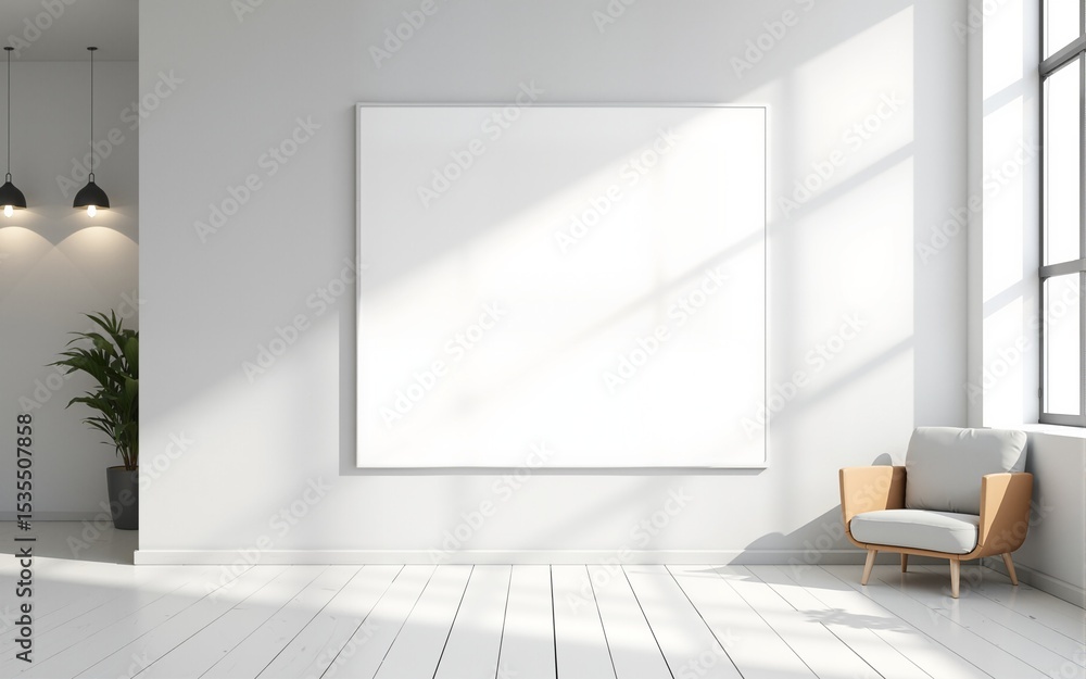 Blank poster mockup on white wall in modern office with glass meeting room and minimalist furniture in bright layout, 3D rendering. High quality Blank poster mockup on white wall in modern office with glass meeting room and minimalist furniture in bright layout, 3D rendering. High quality