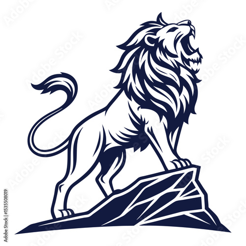 Majestic roaring lion standing proudly on a rock in a detailed silhouette design