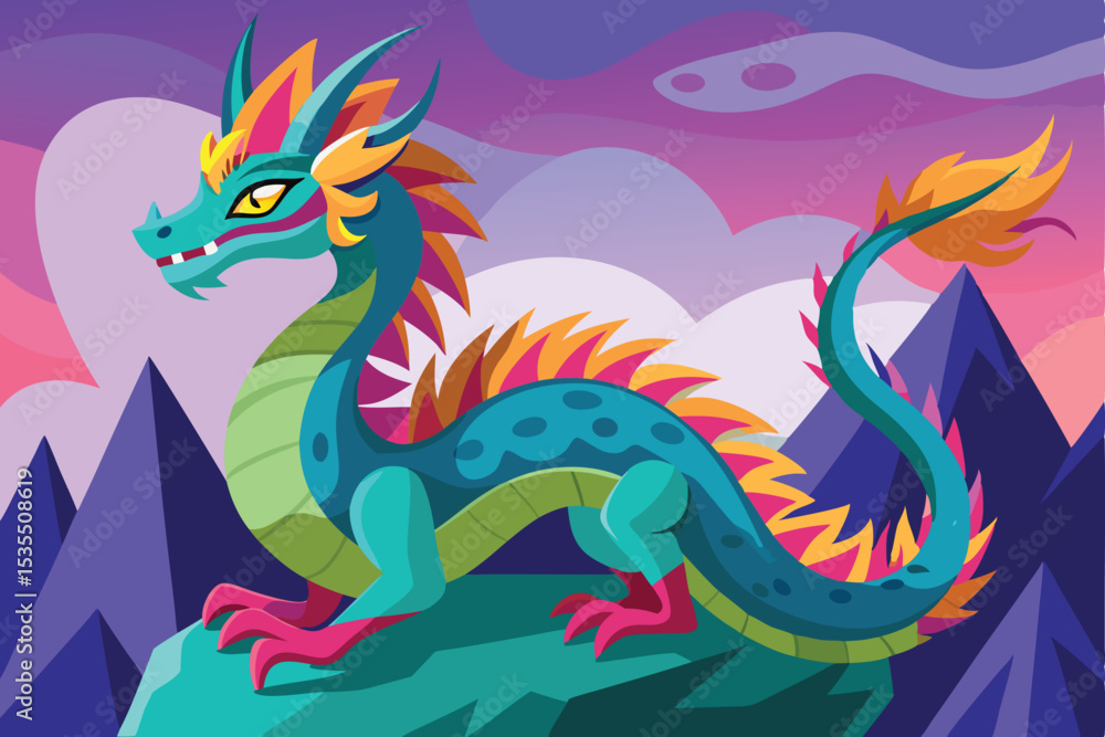 Obraz premium Colorful vector dragon illustrations: green with red, white, or sky backgrounds; perfect for oriental fantasy art, tattoo designs, and Chinese mythology symbols